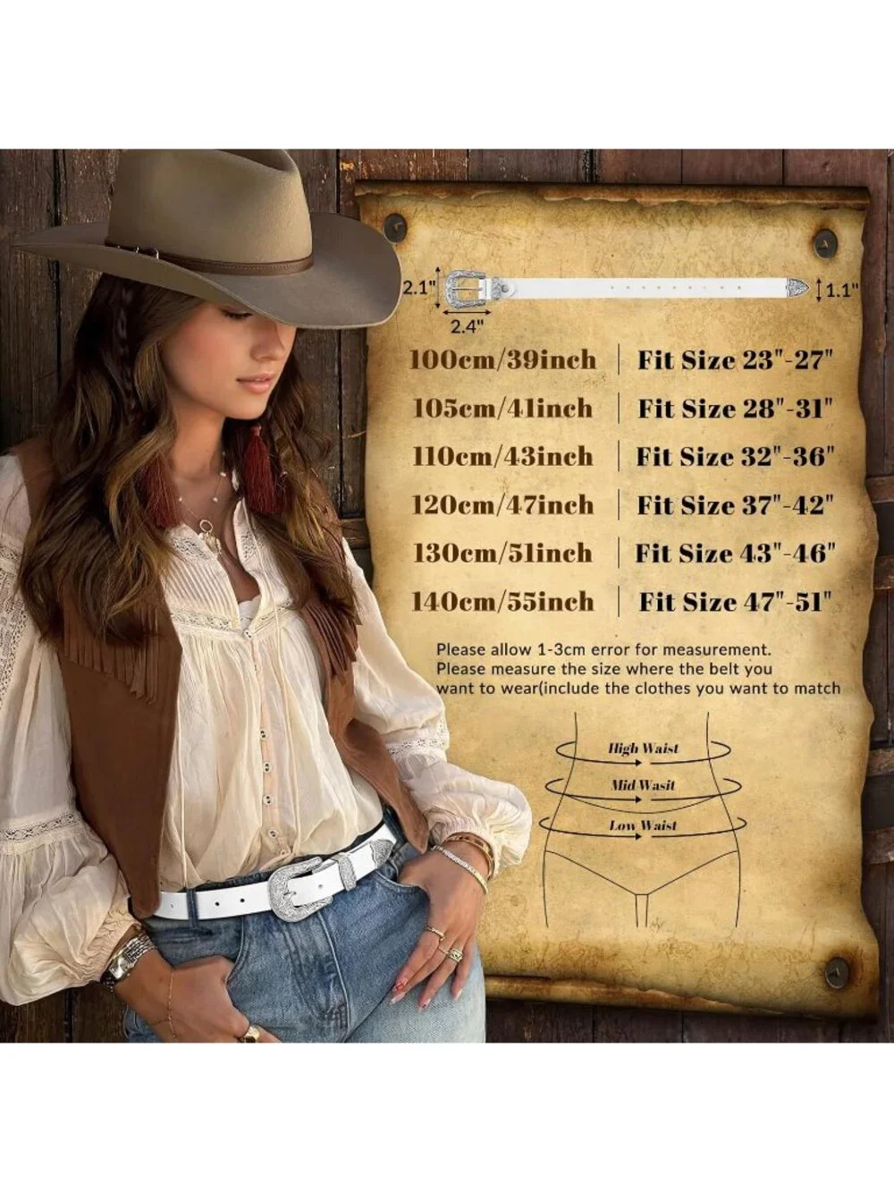 Women White With Shinning Buckle Leather Belt Vintage Western Design Waist Belt